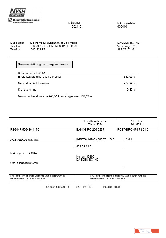 Sweden NVSH Energi business utility bill template in Word and PDF formats